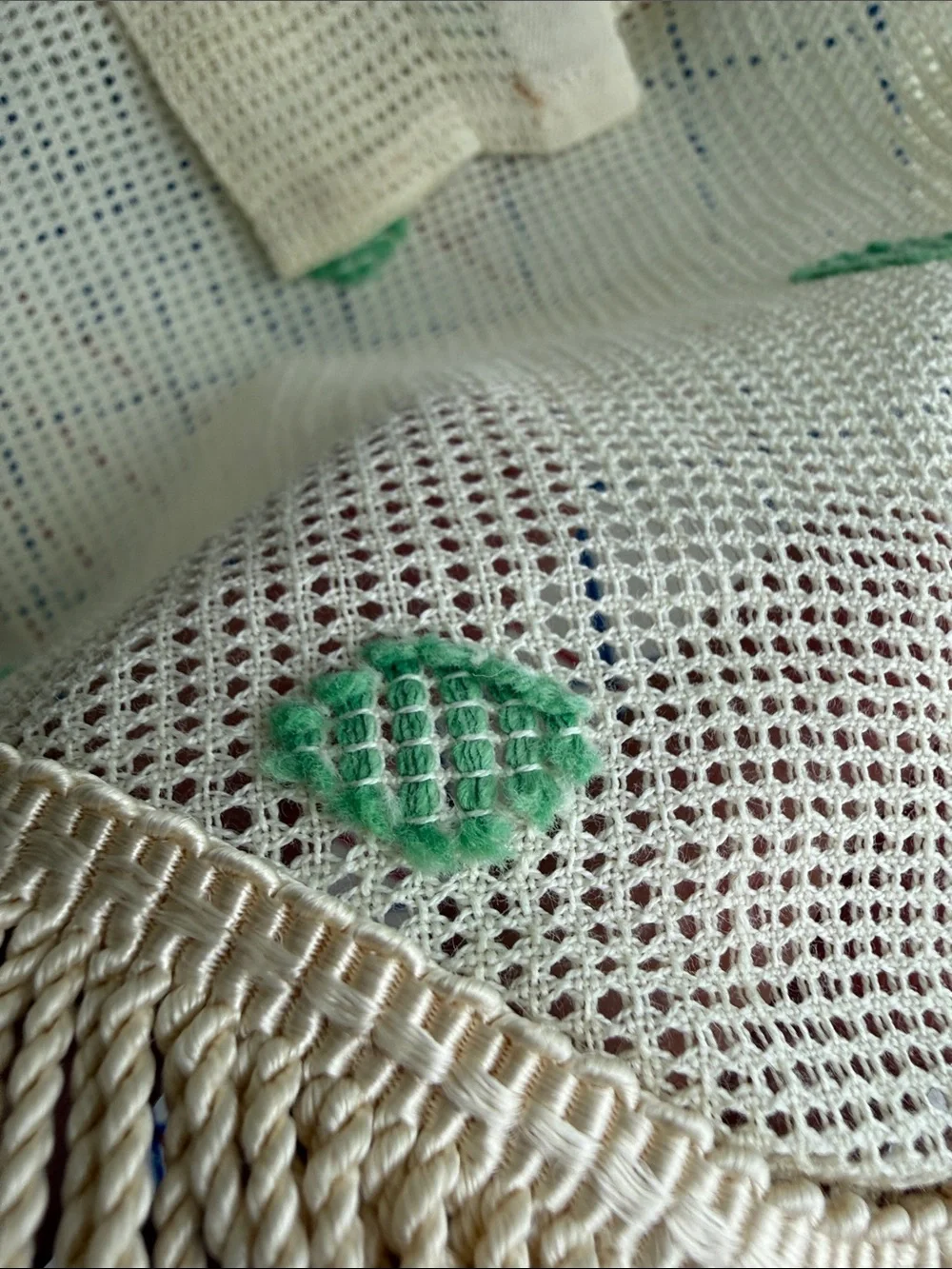 Antique 1920s 1930s Valances Set of 3 Fringed Plaid Green Dot Window Curtains